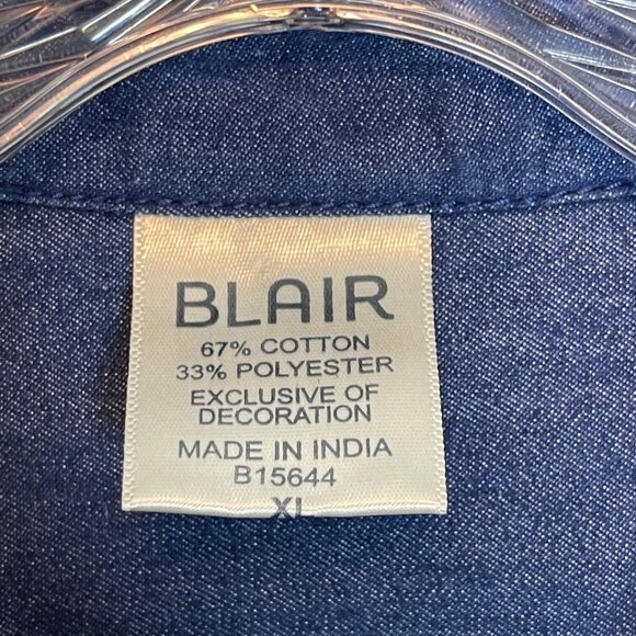 Blair Women Embroidered Bird Cardinal Blue Chambray Roll Tab Collared Shirt XL - Picture 7 of 11